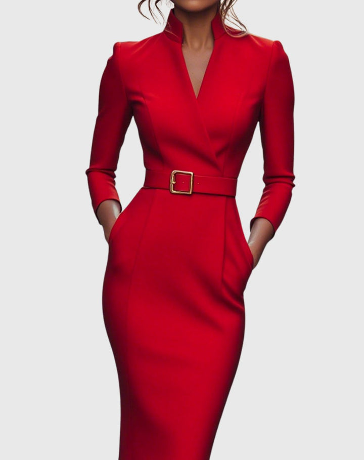 Women's V-Neck Three-Quarter Sleeve Belted Pencil Midi Dress - Red