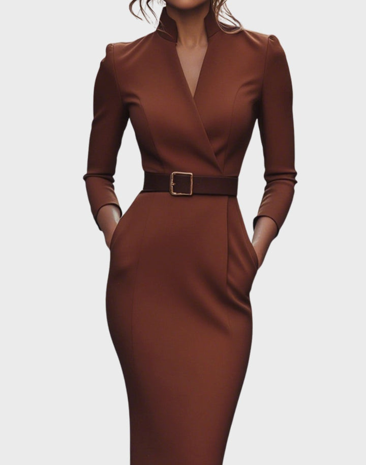 Women's V-Neck Three-Quarter Sleeve Belted Pencil Midi Dress - Brick Red