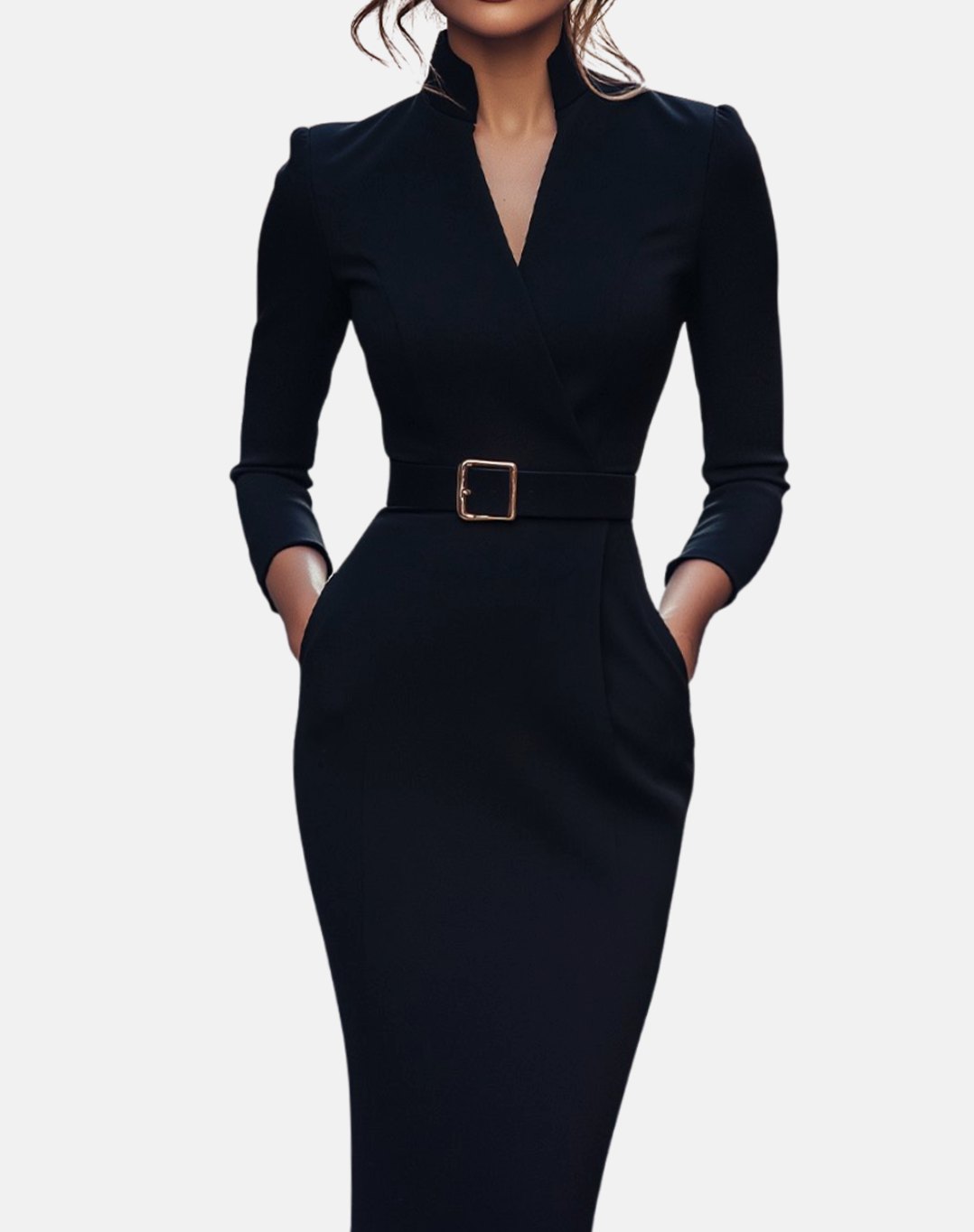 Women's V-Neck Three-Quarter Sleeve Belted Pencil Midi Dress - Black