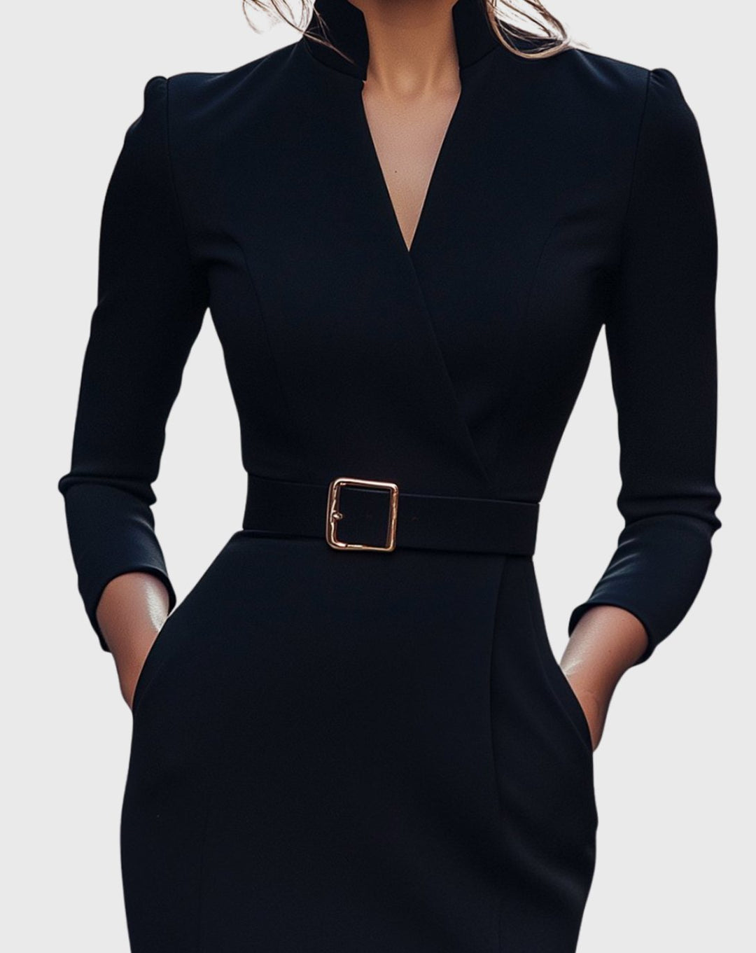 Women's V-Neck Three-Quarter Sleeve Belted Pencil Midi Dress