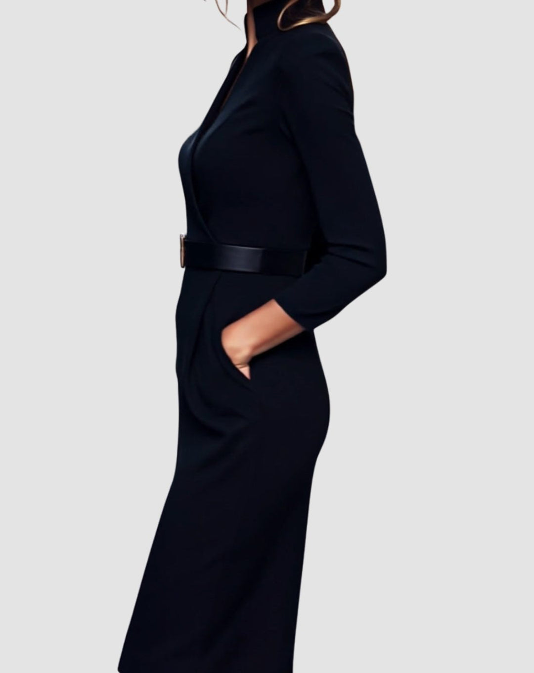 Women's V-Neck Three-Quarter Sleeve Belted Pencil Midi Dress