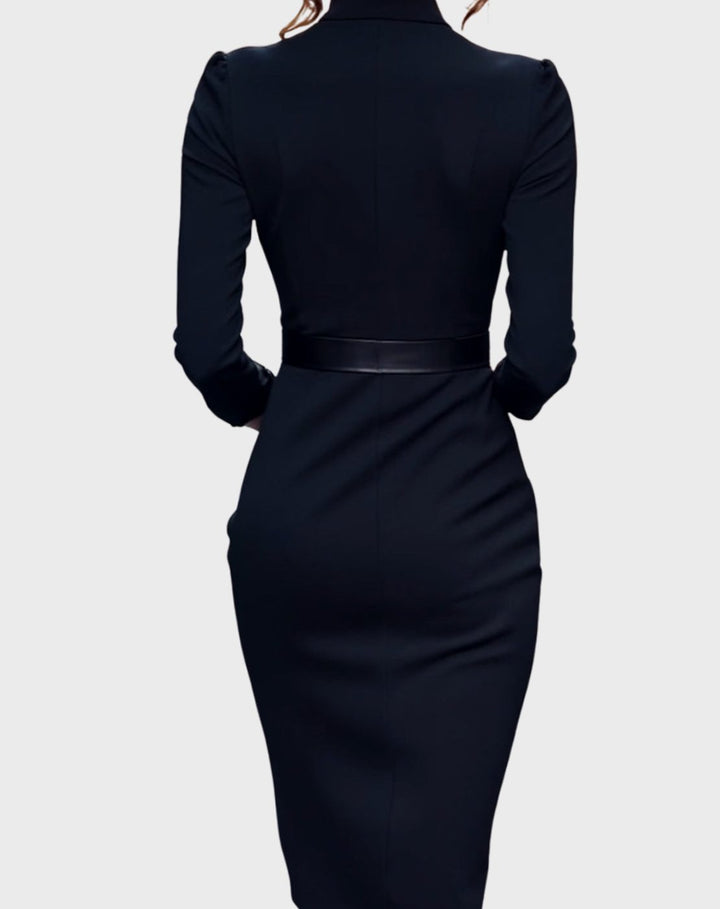 Women's V-Neck Three-Quarter Sleeve Belted Pencil Midi Dress