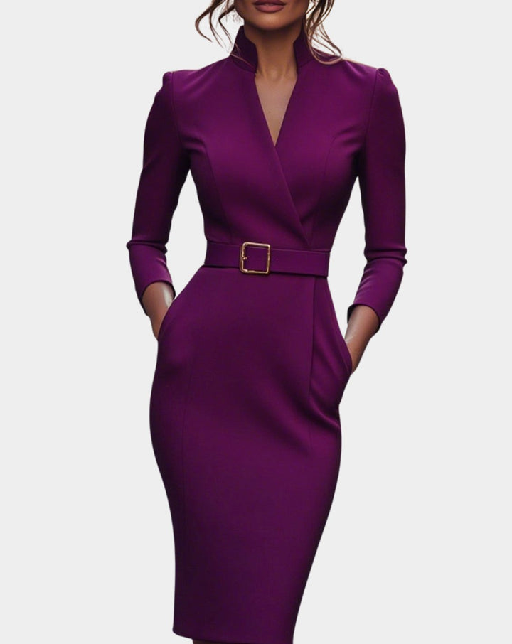 Women's V-Neck Three-Quarter Sleeve Belted Pencil Midi Dress
