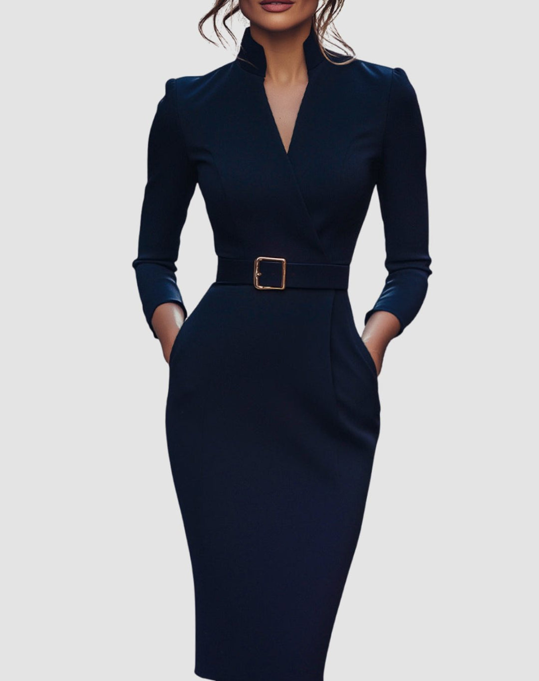 Women's V-Neck Three-Quarter Sleeve Belted Pencil Midi Dress - Navy Blue
