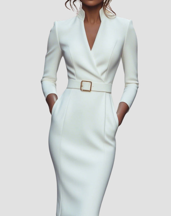 Women's V-Neck Three-Quarter Sleeve Belted Pencil Midi Dress - White