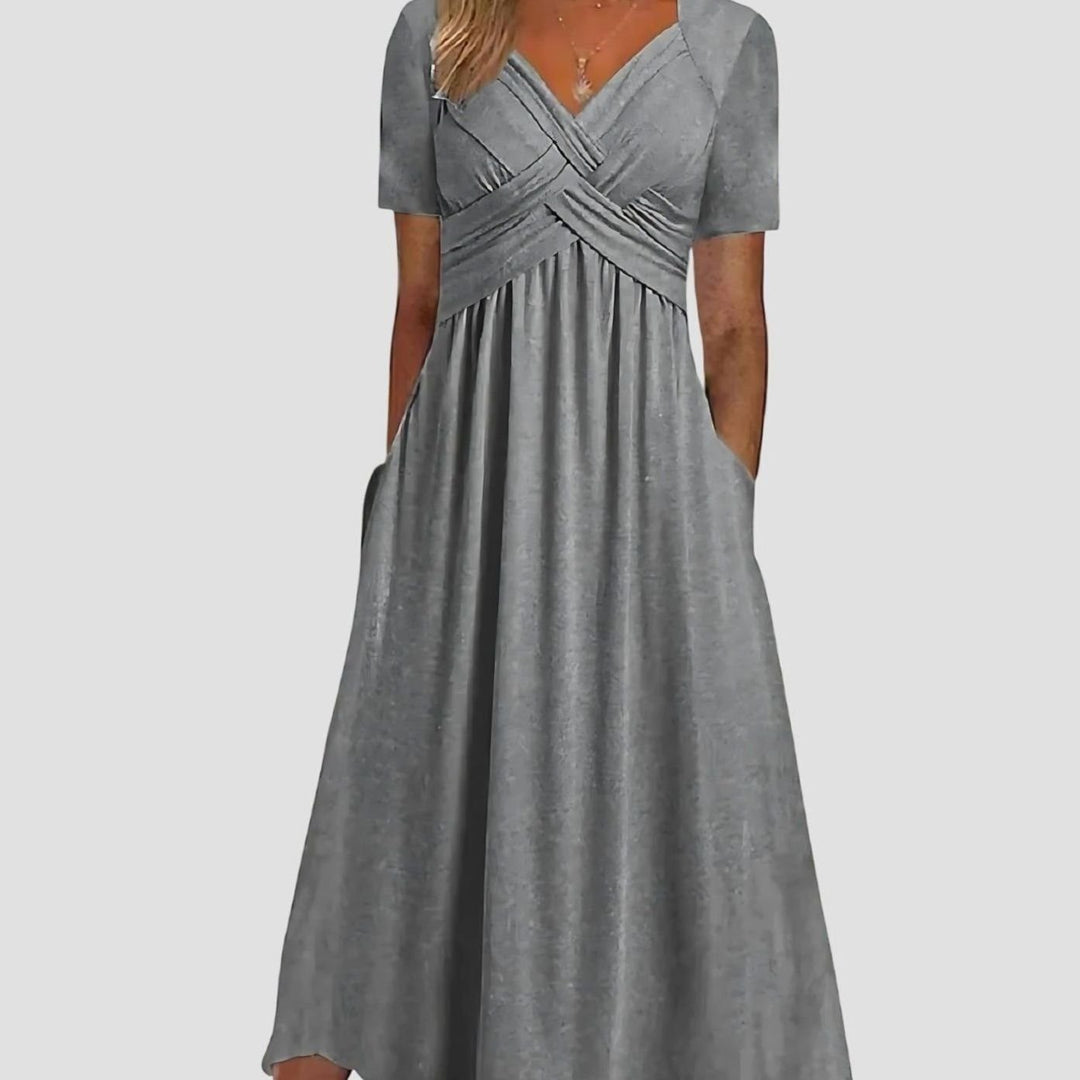 Women's V-Neck Tummy Control A-Line Midi Dress Pockets - Gray