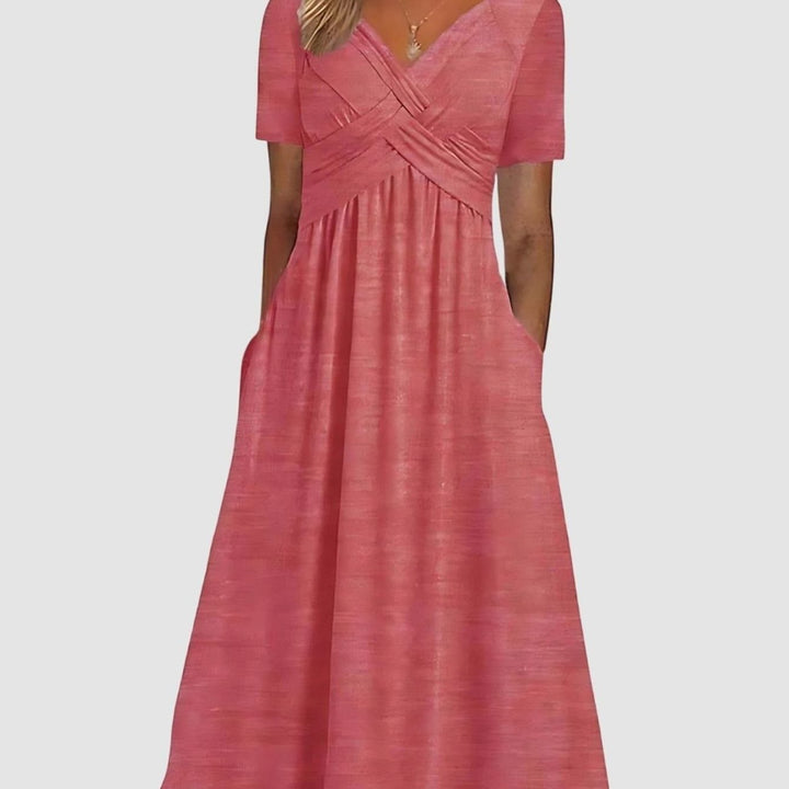 Women's V-Neck Tummy Control A-Line Midi Dress Pockets - Pink