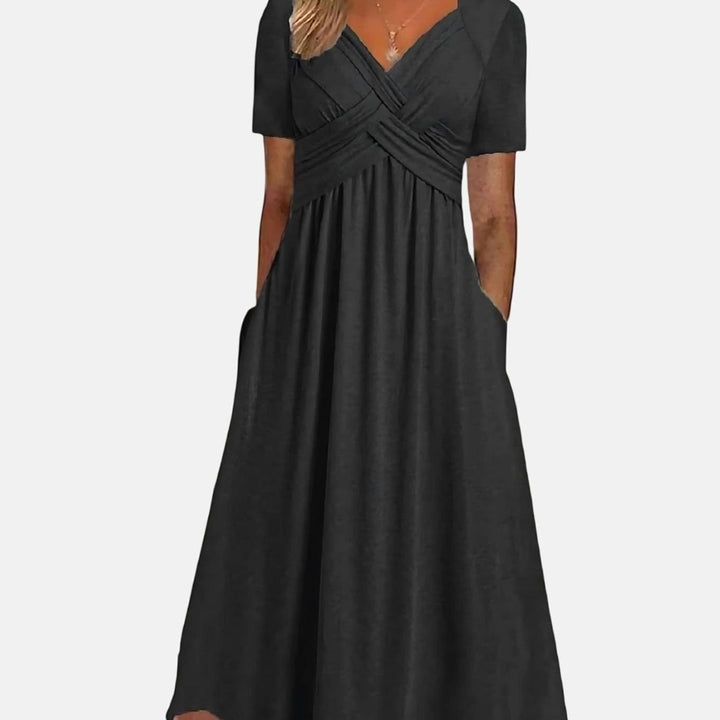 Women's V-Neck Tummy Control A-Line Midi Dress Pockets - Black