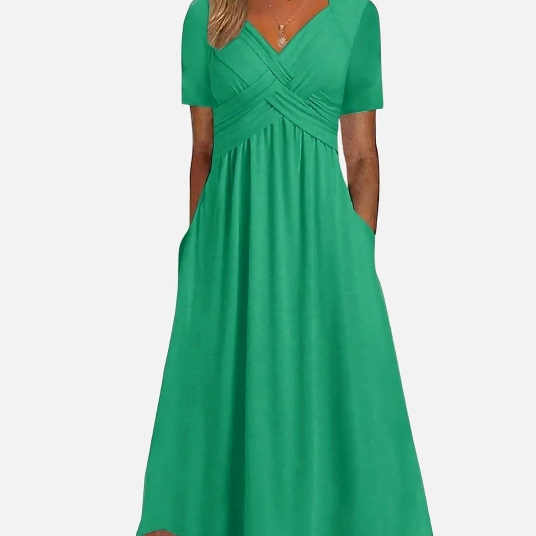 Women's V-Neck Tummy Control A-Line Midi Dress Pockets - Green