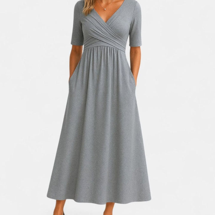 Women's V-Neck Wrap-Front A-Line Midi Dress with Pockets - Gray