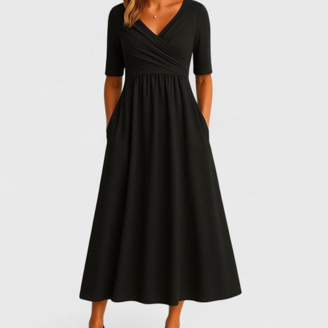 Women's V-Neck Wrap-Front A-Line Midi Dress with Pockets - Black