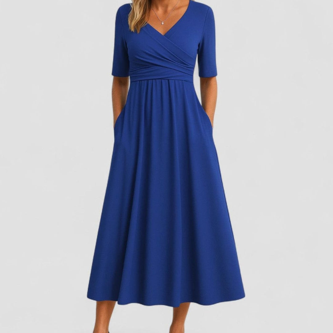Women's V-Neck Wrap-Front A-Line Midi Dress with Pockets - Blue