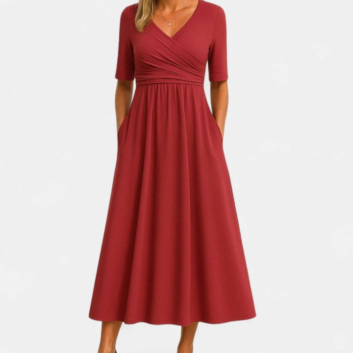 Women's V-Neck Wrap-Front A-Line Midi Dress with Pockets - Red