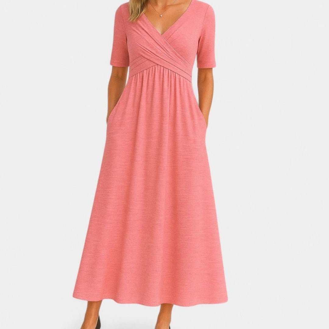 Women's V-Neck Wrap-Front A-Line Midi Dress with Pockets - Pink