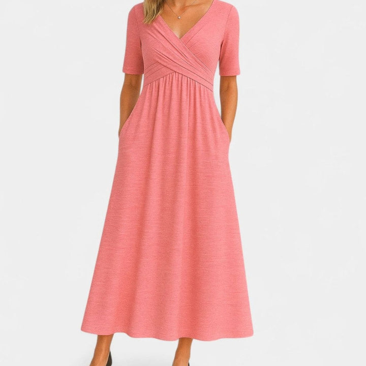 Women's V-Neck Wrap-Front A-Line Midi Dress with Pockets - Pink
