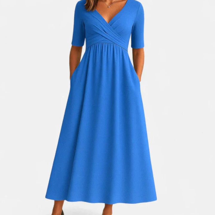 Women's V-Neck Wrap-Front A-Line Midi Dress with Pockets - Light Blue