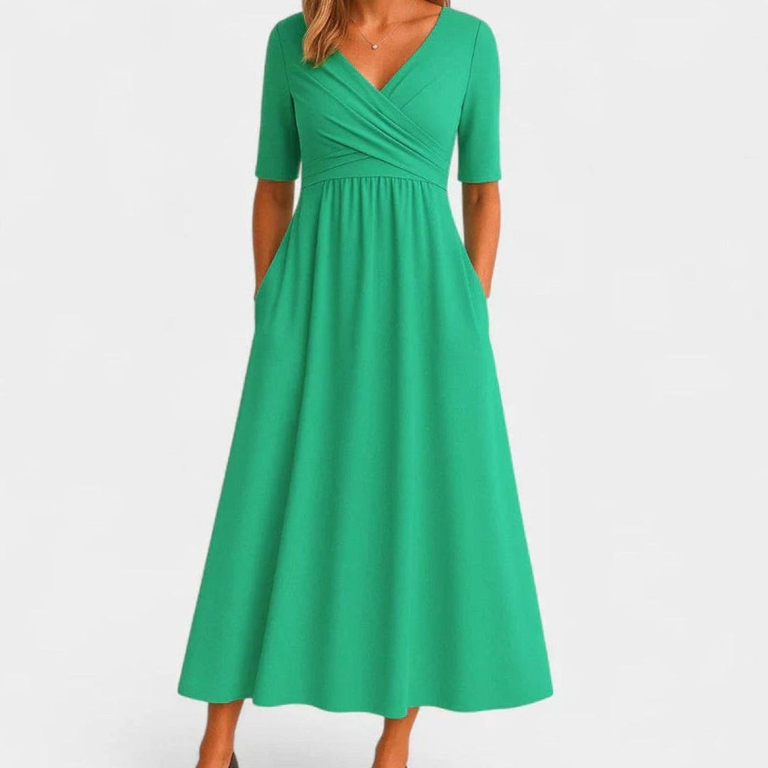 Women's V-Neck Wrap-Front A-Line Midi Dress with Pockets - Green