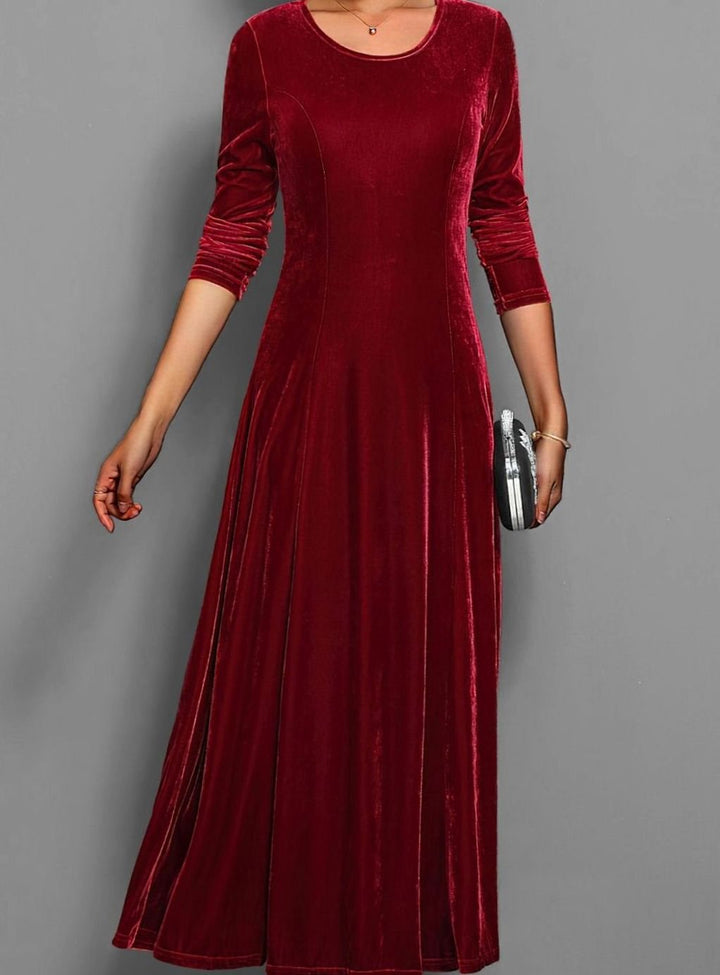 Women's Velvet Long-Sleeve A-Line Party Dress - Red