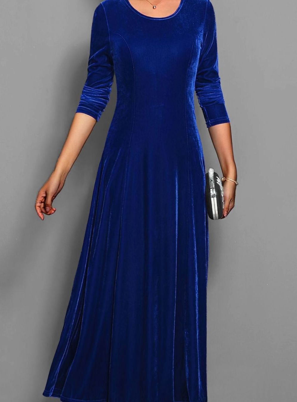 Women's Velvet Long-Sleeve A-Line Party Dress - Blue