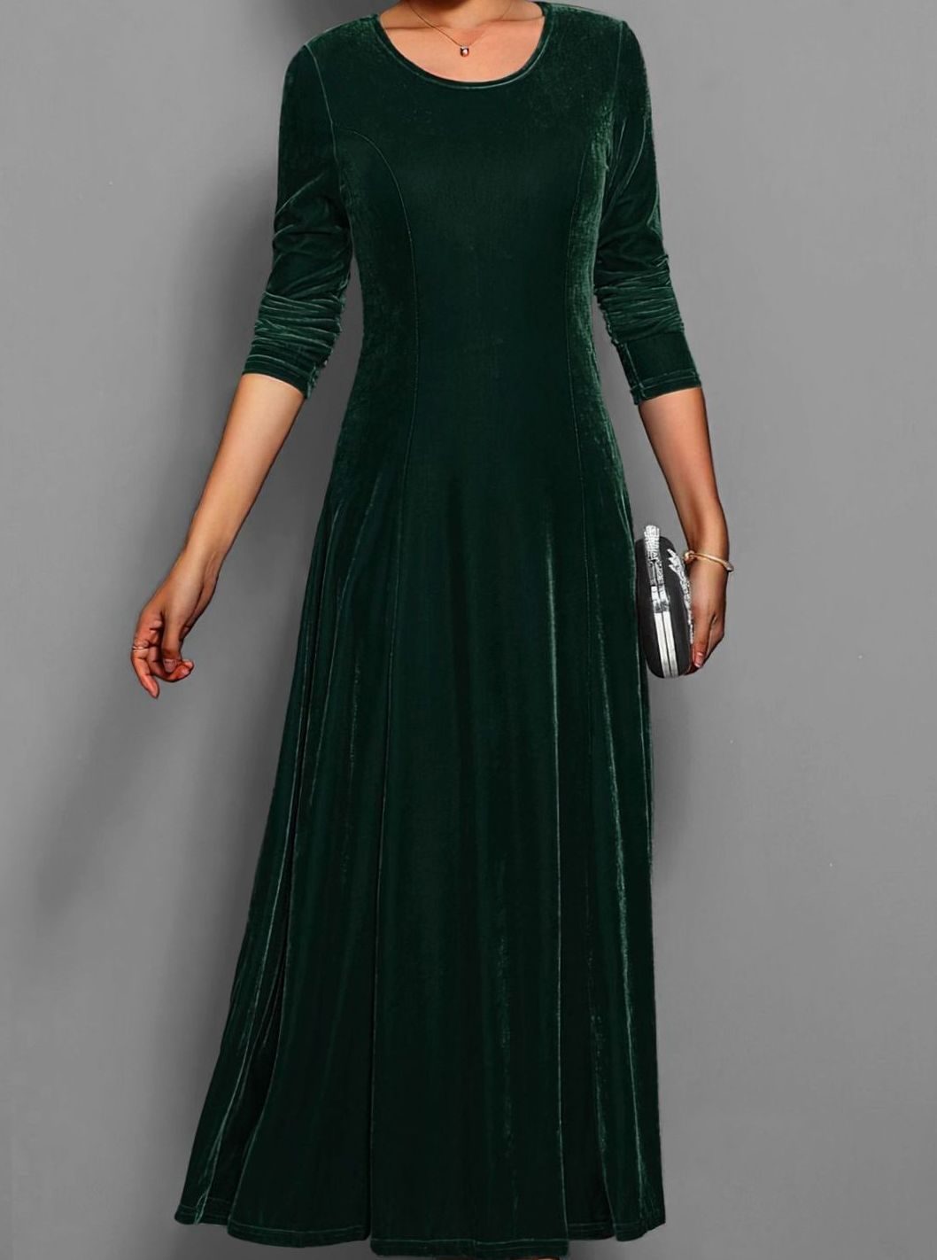 Women's Velvet Long-Sleeve A-Line Party Dress - Dark Green
