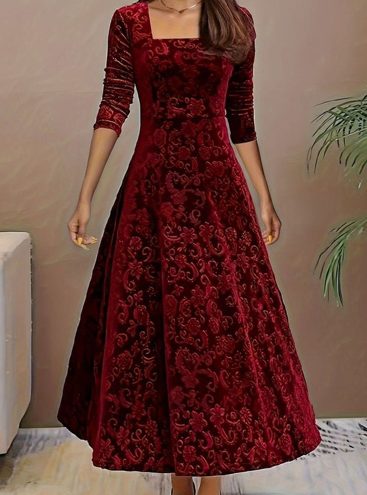 Women's Velvet Square-Neck Floral Embossed A-Line Party Dress - Dark Red