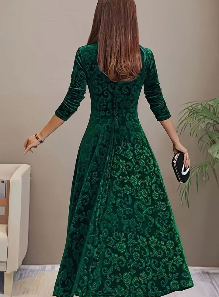 Women's Velvet Square-Neck Floral Embossed A-Line Party Dress