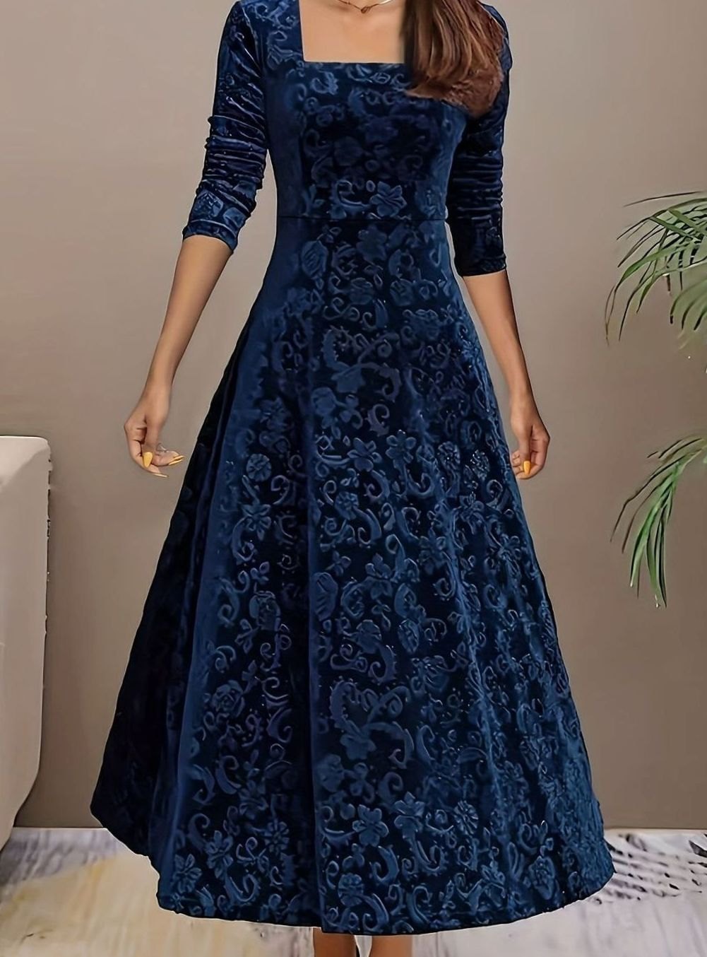 Women's Velvet Square-Neck Floral Embossed A-Line Party Dress - Blue