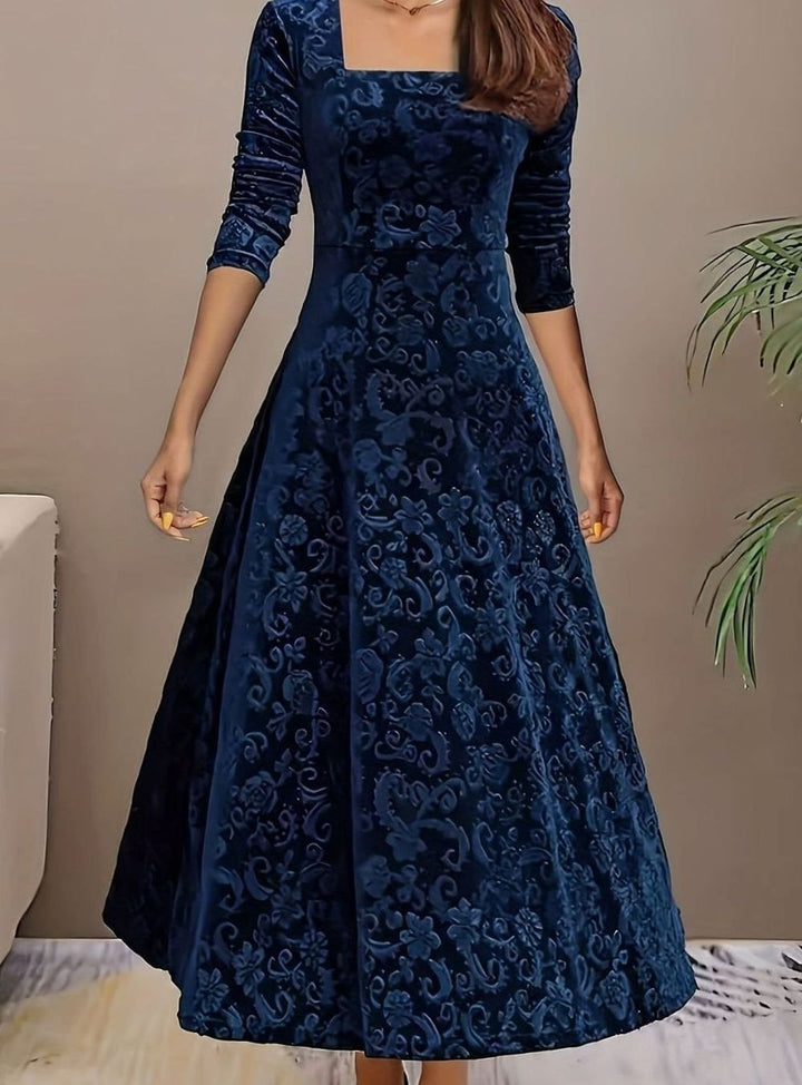 Women's Velvet Square-Neck Floral Embossed A-Line Party Dress - Blue