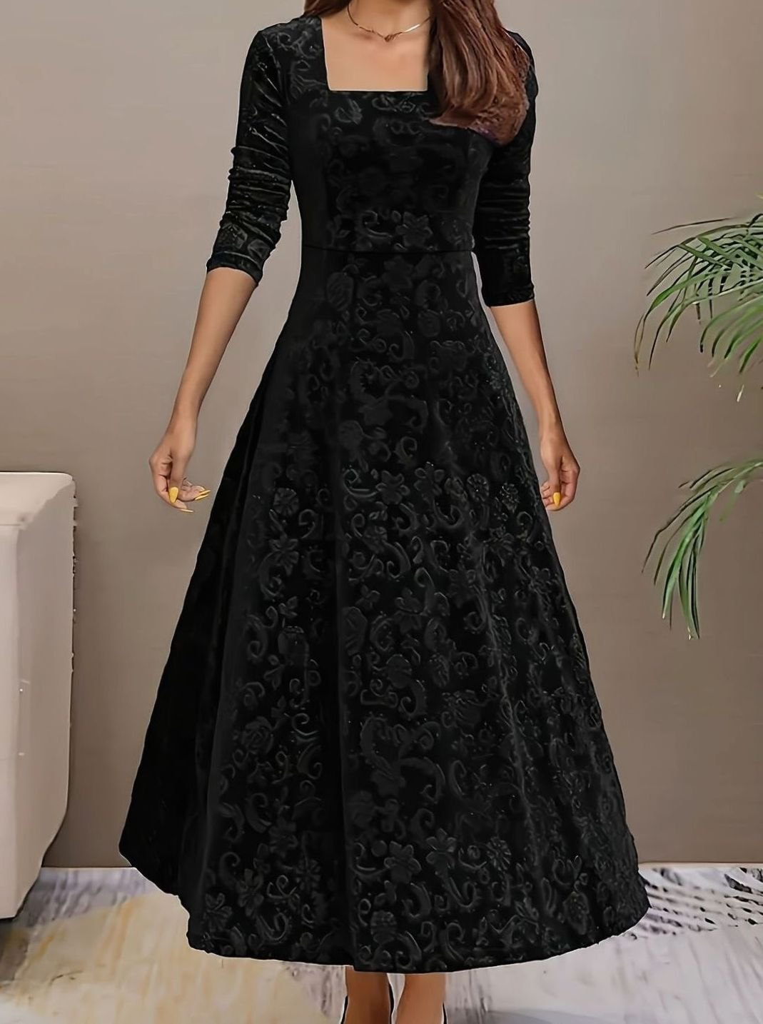 Women's Velvet Square-Neck Floral Embossed A-Line Party Dress - Black