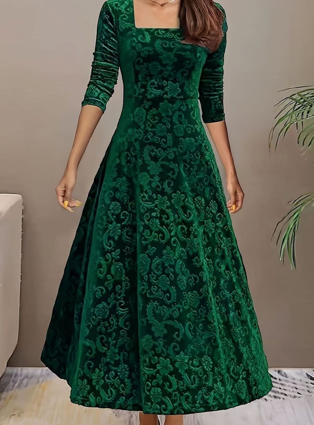 Women's Velvet Square-Neck Floral Embossed A-Line Party Dress
