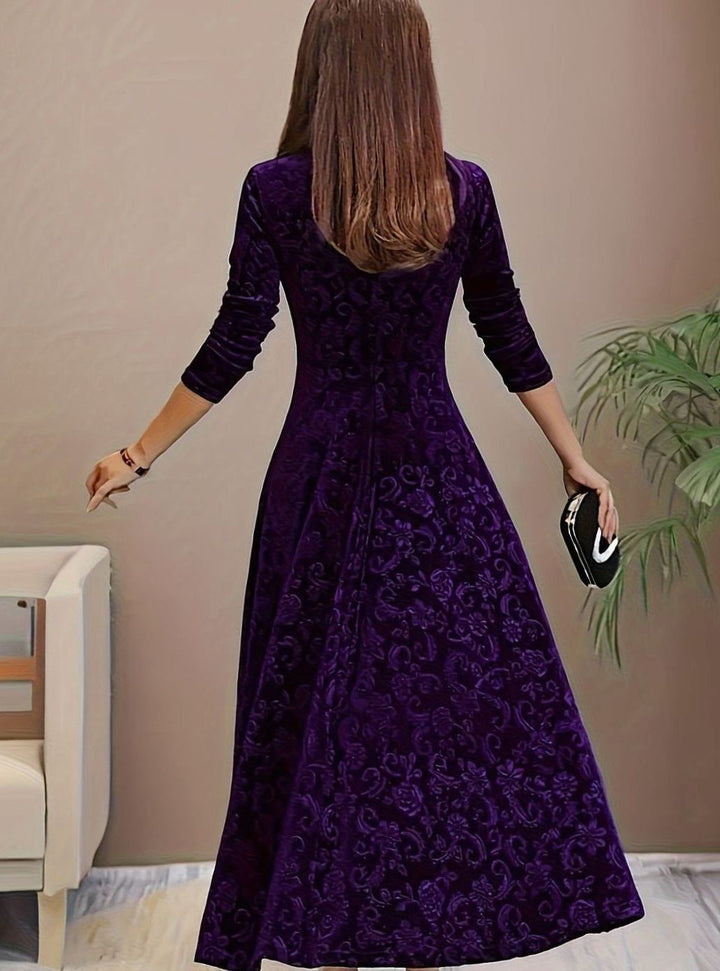 Women's Velvet Square-Neck Floral Embossed A-Line Party Dress