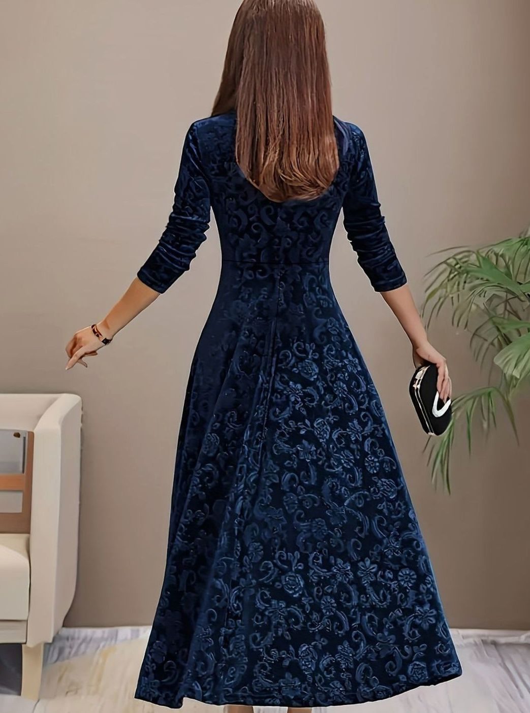 Women's Velvet Square-Neck Floral Embossed A-Line Party Dress