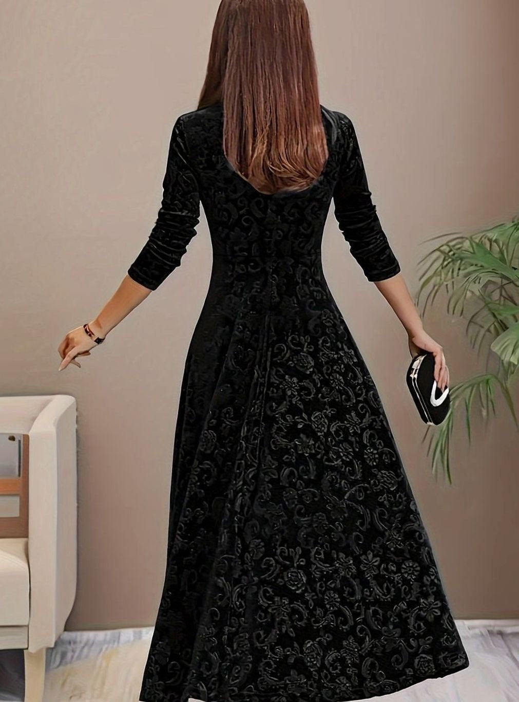 Women's Velvet Square-Neck Floral Embossed A-Line Party Dress