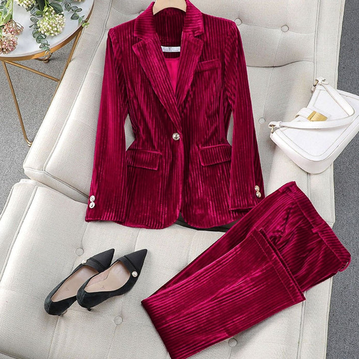 Women's Velvet Tailored Two-Piece Blazer Suit Set - Red