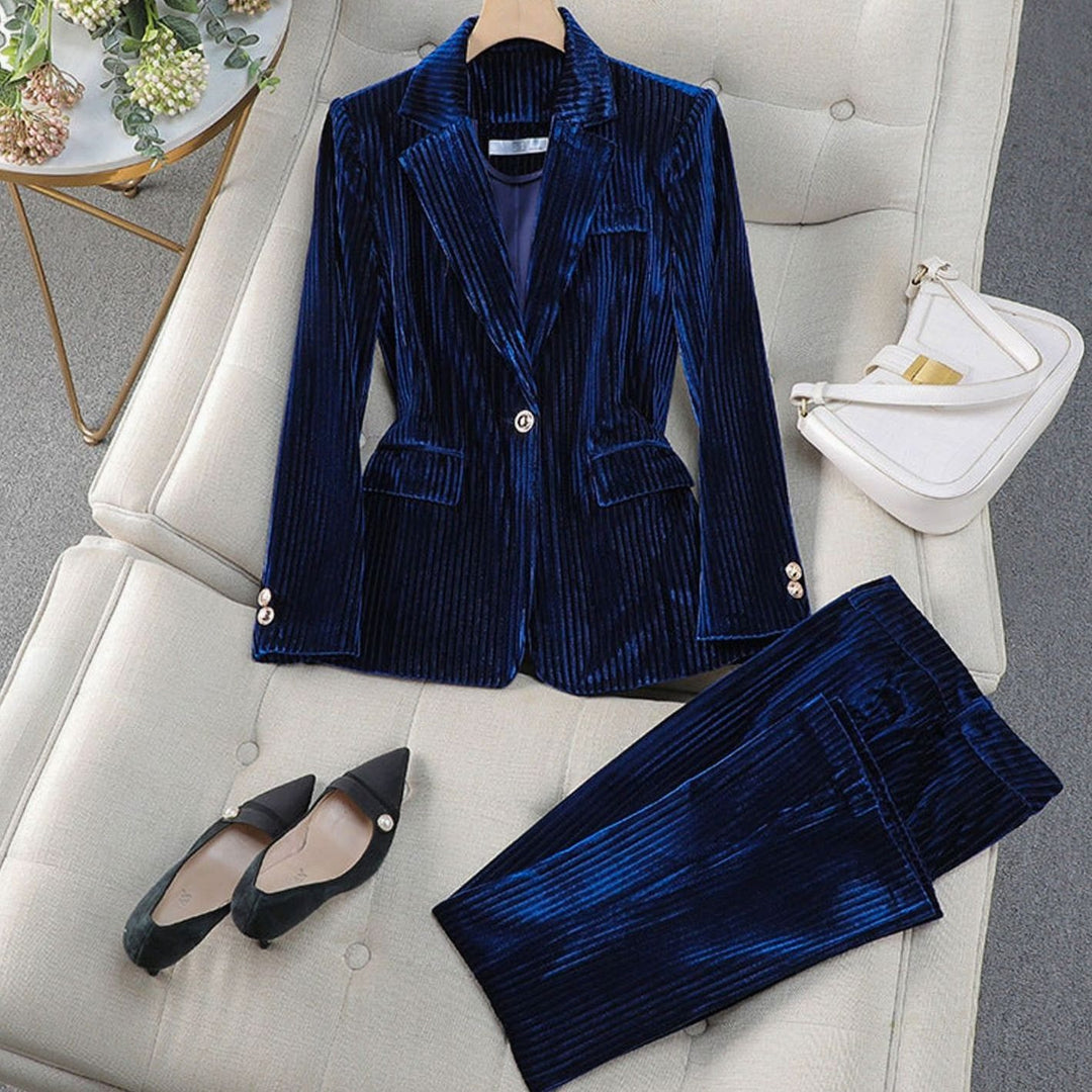 Women's Velvet Tailored Two-Piece Blazer Suit Set - Blue