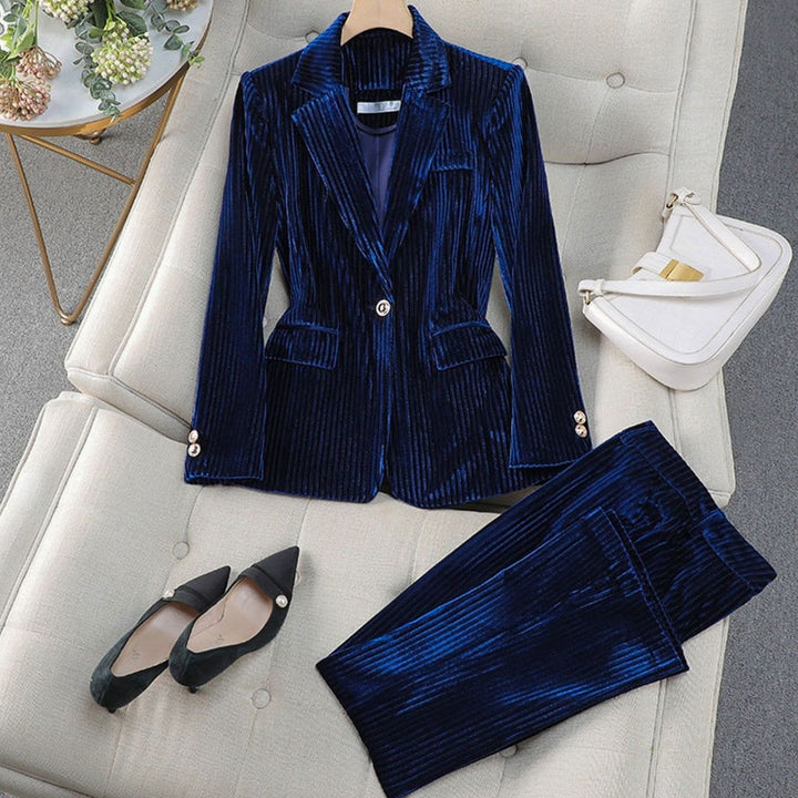 Women's Velvet Tailored Two-Piece Blazer Suit Set - Blue