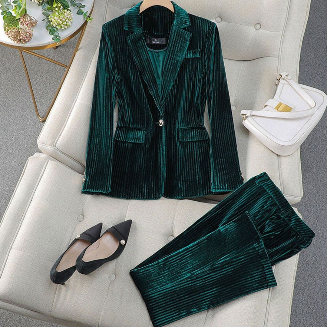 Women's Velvet Tailored Two-Piece Blazer Suit Set - Green
