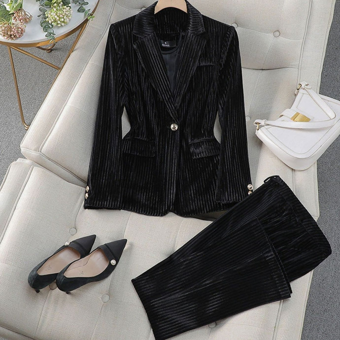 Women's Velvet Tailored Two-Piece Blazer Suit Set - Black