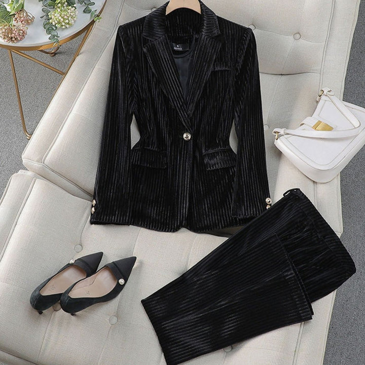 Women's Velvet Tailored Two-Piece Blazer Suit Set - Black