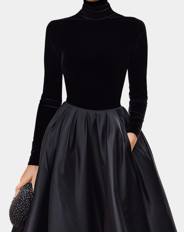 Women's Velvet Turtleneck Satin Full-Skirt Midi Dress