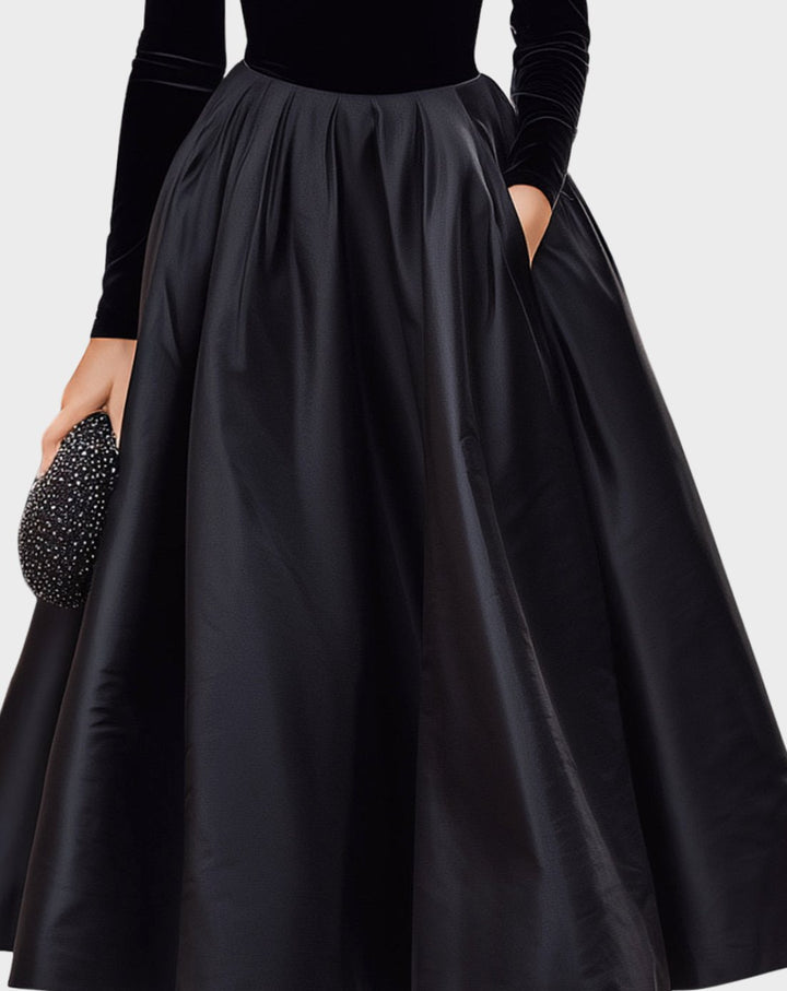 Women's Velvet Turtleneck Satin Full-Skirt Midi Dress