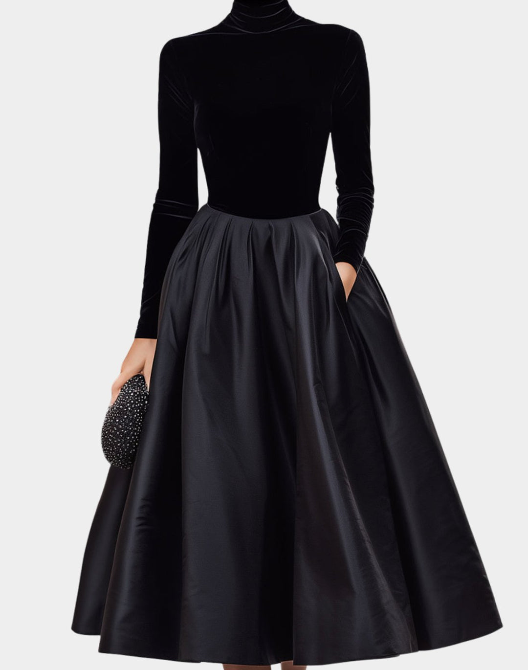 Women's Velvet Turtleneck Satin Full-Skirt Midi Dress