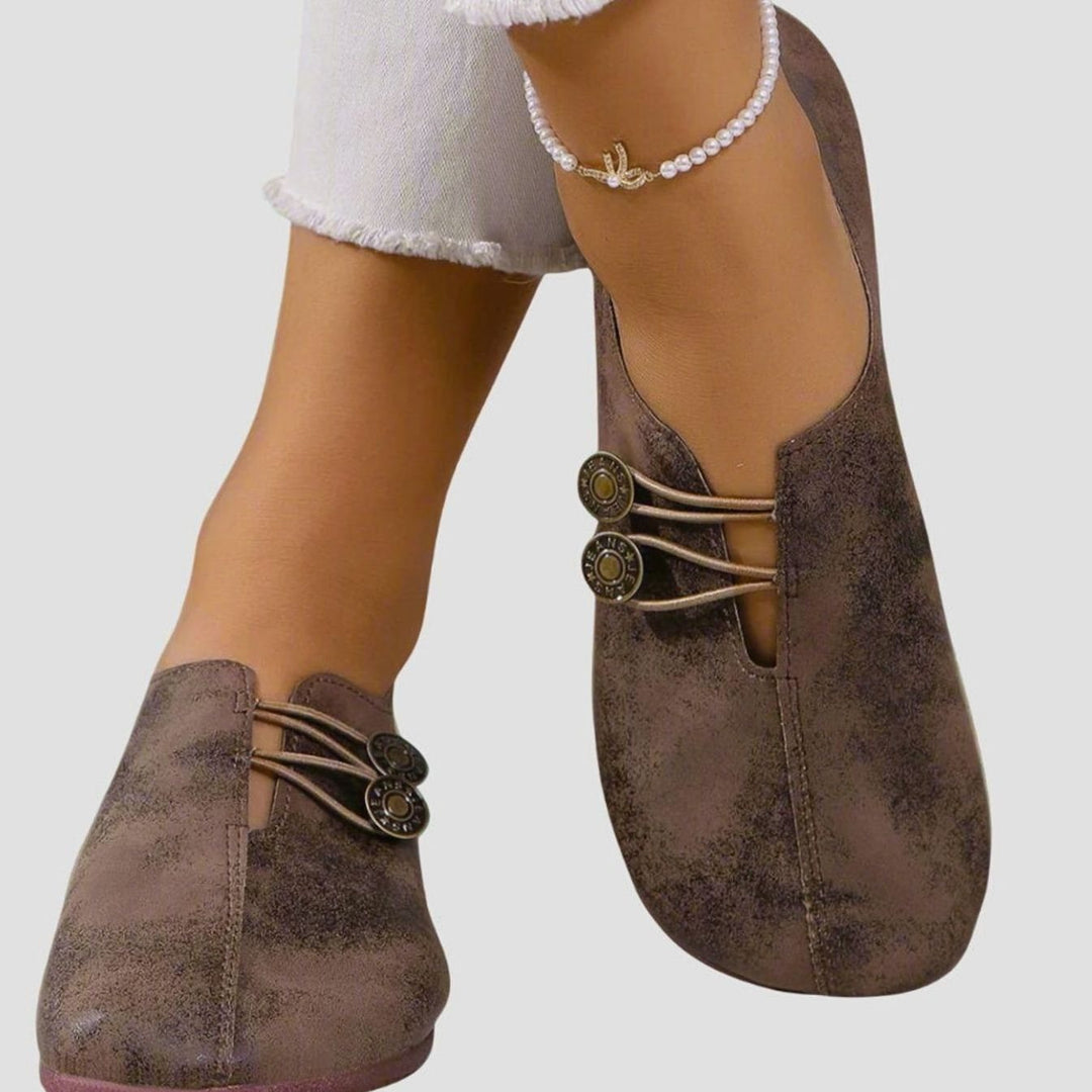 Women's Vintage Button-Detail Flat Comfort Slip-Ons - Dark Brown
