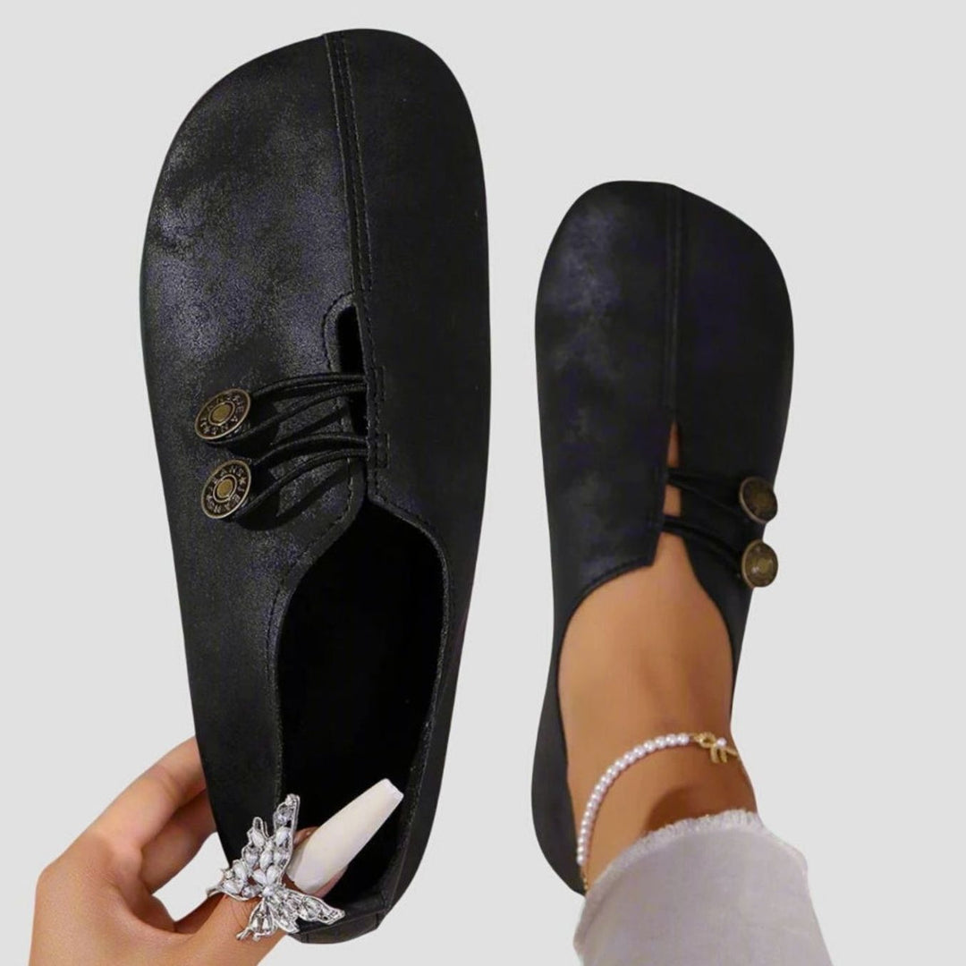 Women's Vintage Button-Detail Flat Comfort Slip-Ons - Black