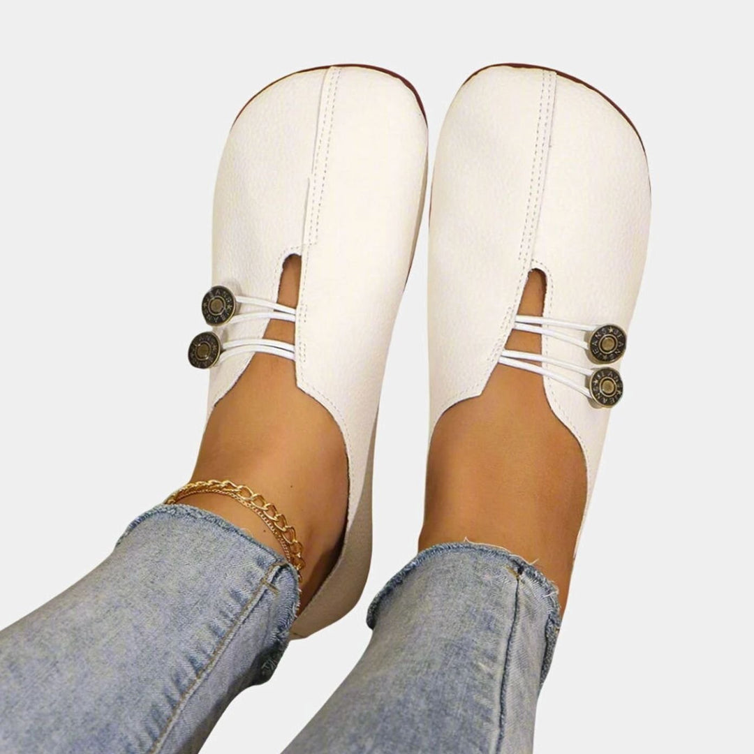 Women's Vintage Button-Detail Flat Comfort Slip-Ons - White