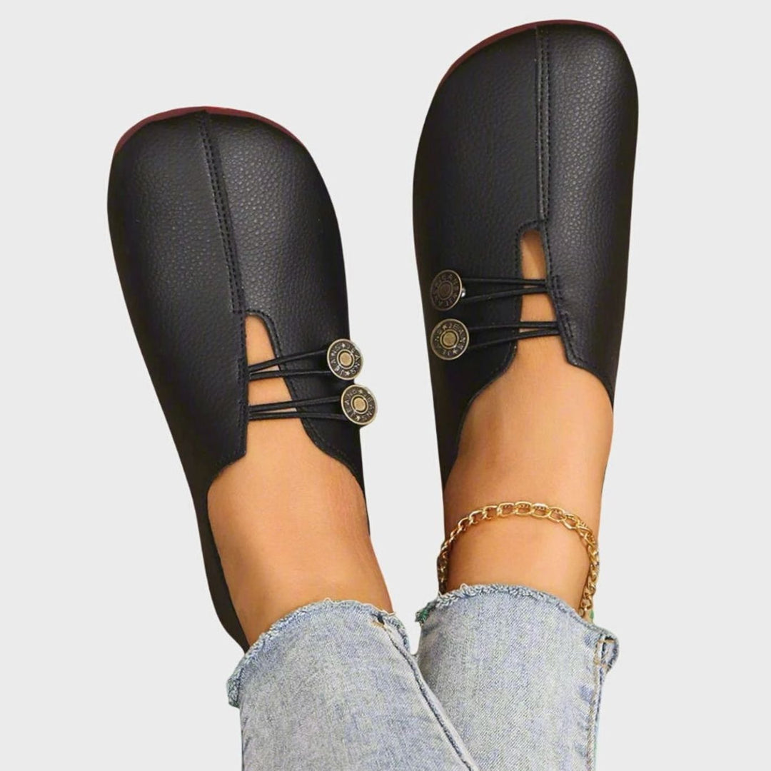 Women's Vintage Button-Detail Flat Comfort Slip-Ons - Black 2