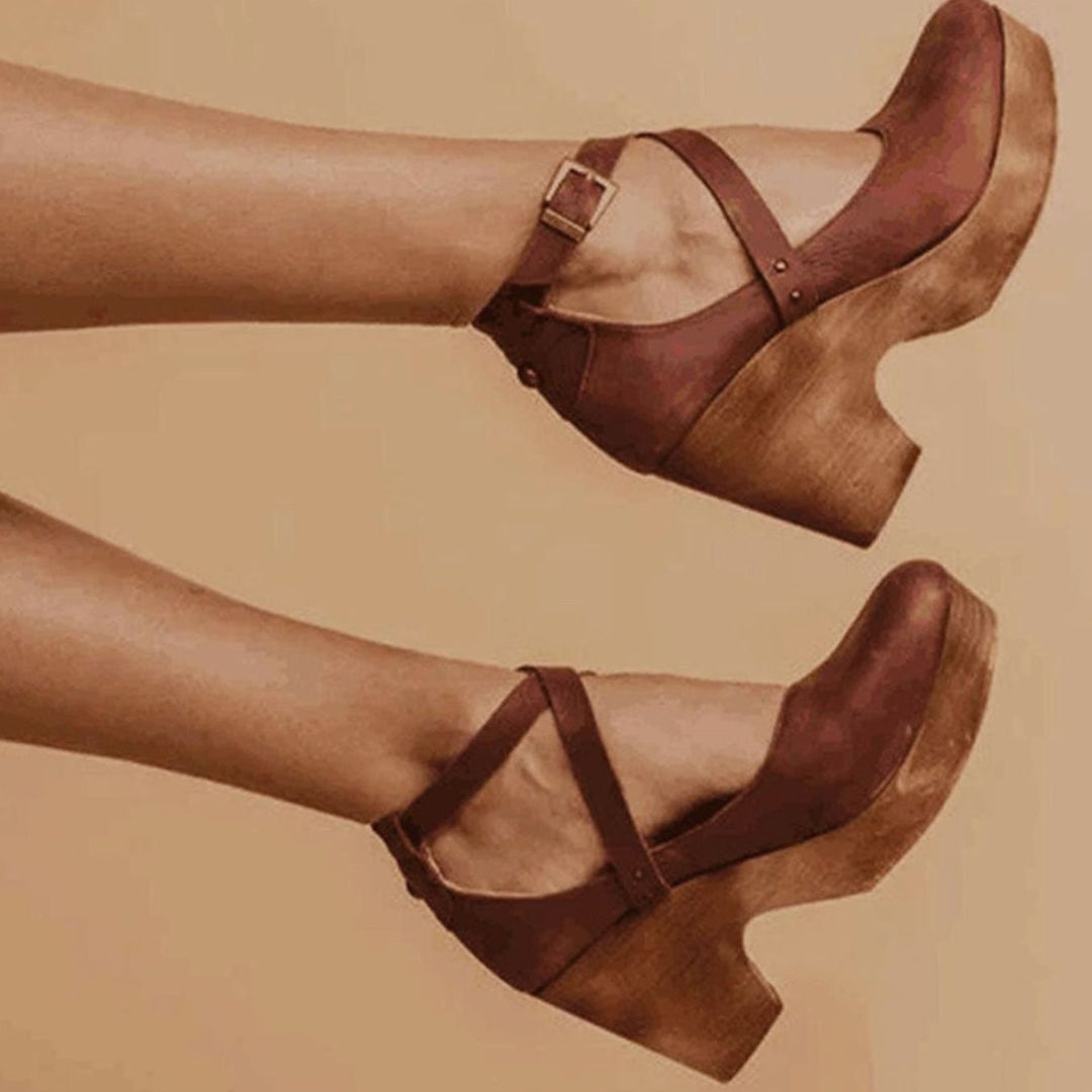 Women's Vintage Cross-Strap Chunky Wooden Heel Mary Jane Pumps