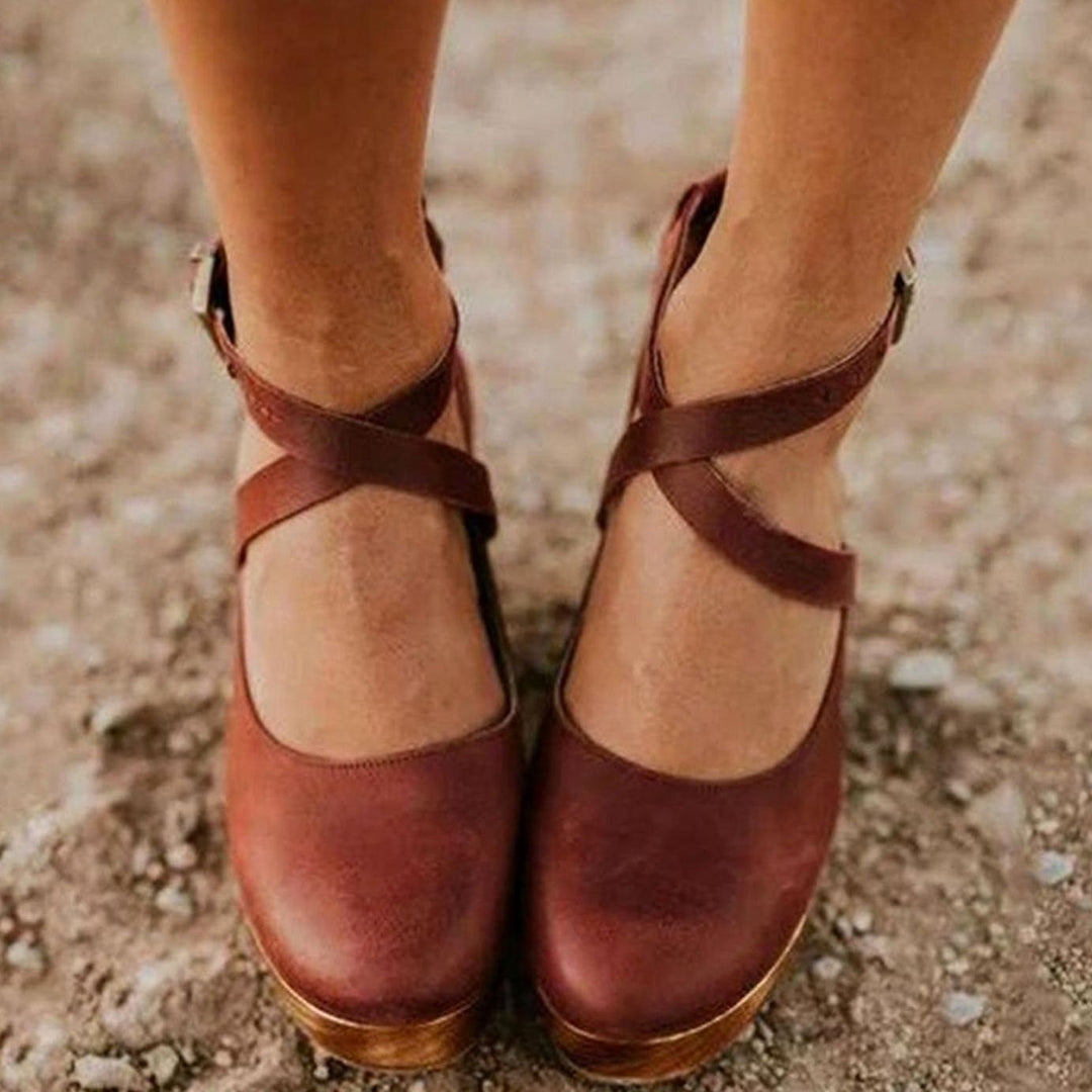 Women's Vintage Cross-Strap Chunky Wooden Heel Mary Jane Pumps - Brown