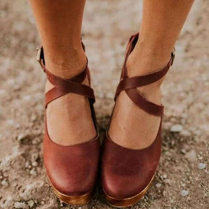 Women's Vintage Cross-Strap Chunky Wooden Heel Mary Jane Pumps - Brown