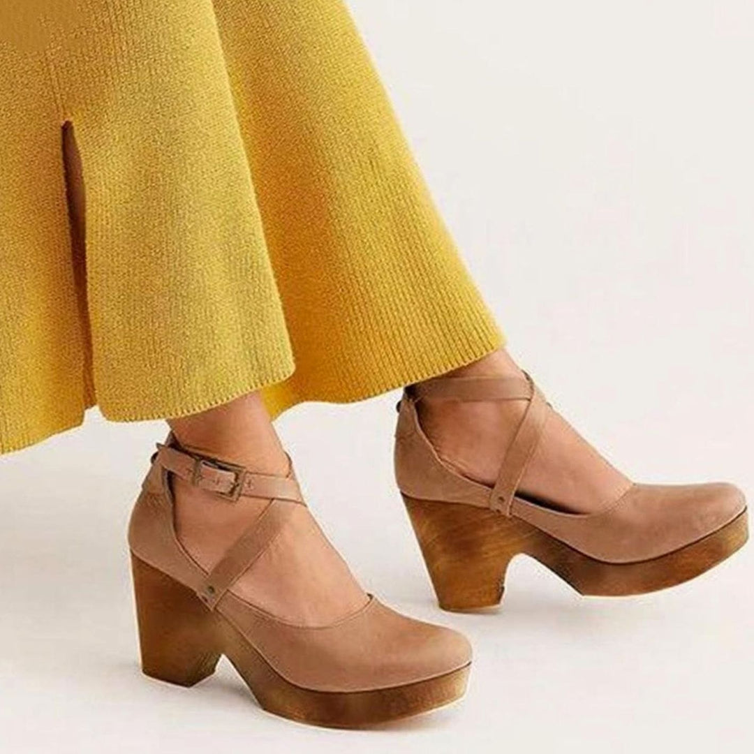Women's Vintage Cross-Strap Chunky Wooden Heel Mary Jane Pumps - Khaki